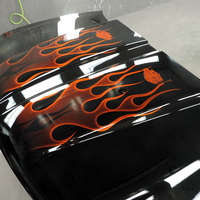 Ford F150 hood - candy tangerine ghost flames and H-D bar & shields