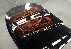 Ford F150 hood - candy tangerine ghost flames and H-D bar & shields