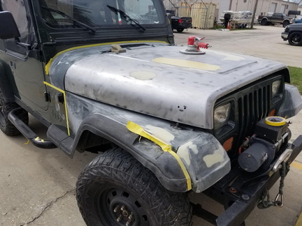 1995 Jeep bodywork prep and hood stripped